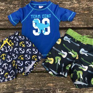 Lot Of 3 Gymboree Boys Swim Trunks and Rash Guard Shirt - Dino/Guitars/Anchors
